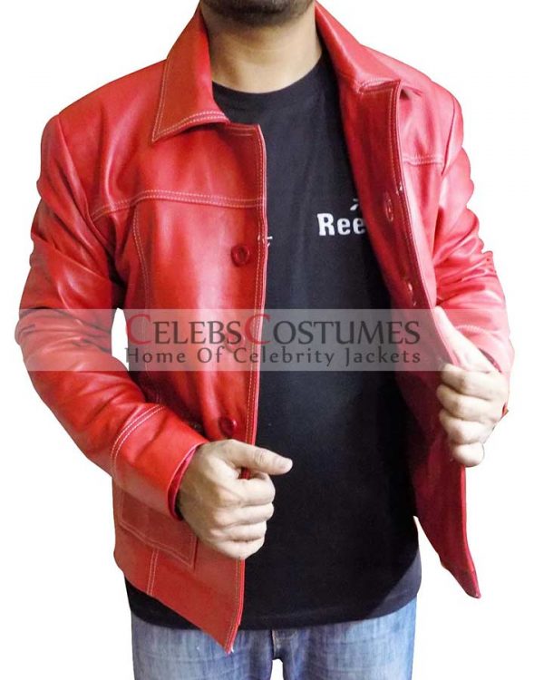 Brad Pitt Fight Club Red Leather Coat