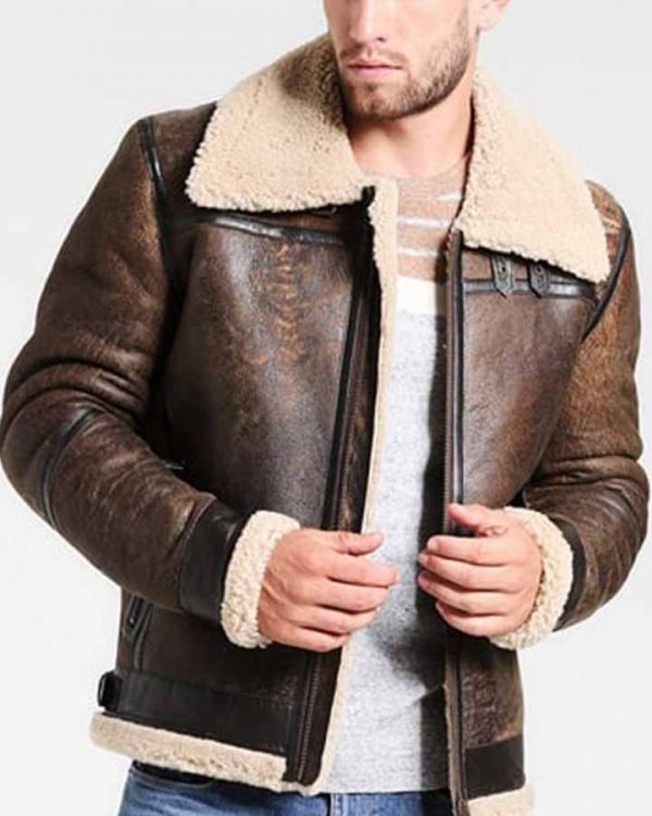 Men's Aviator Distressed Leather Shearling Jacket
