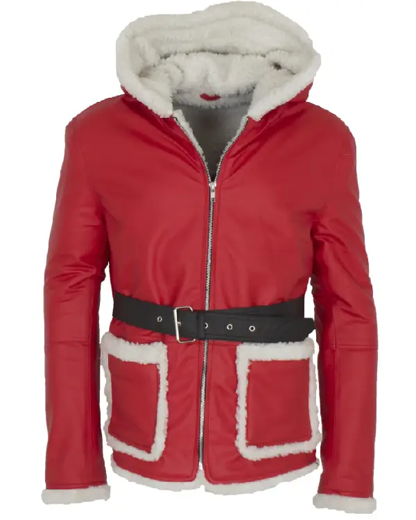 Christmas Costume Santa Leather Coat with Hood FRONT