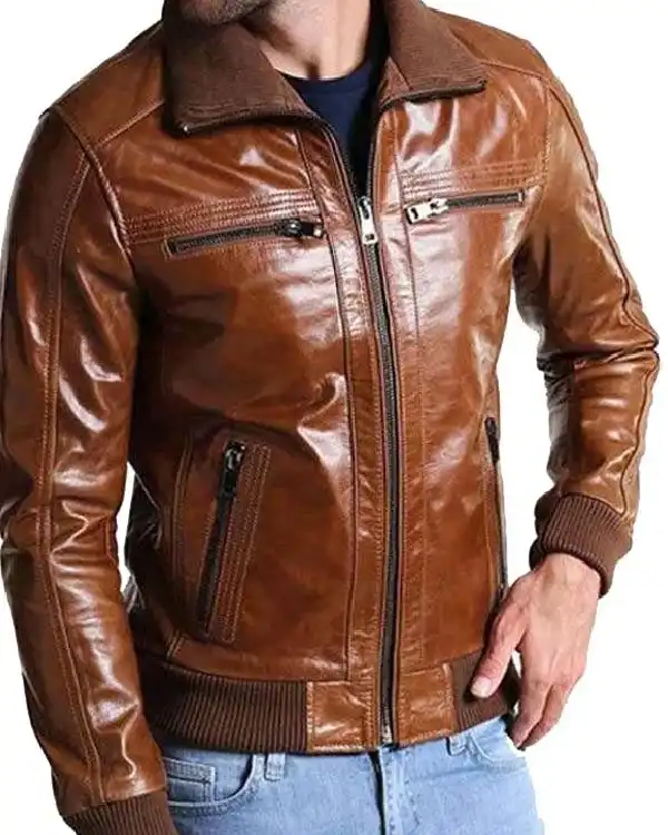 Men Bomber Shining Brown Leather Jacket