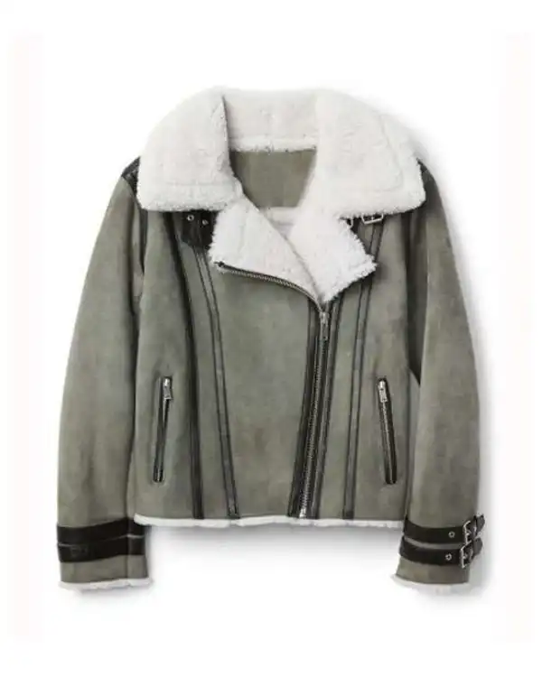 Women’s Shearling Grey Motorcycle Leather Jacket